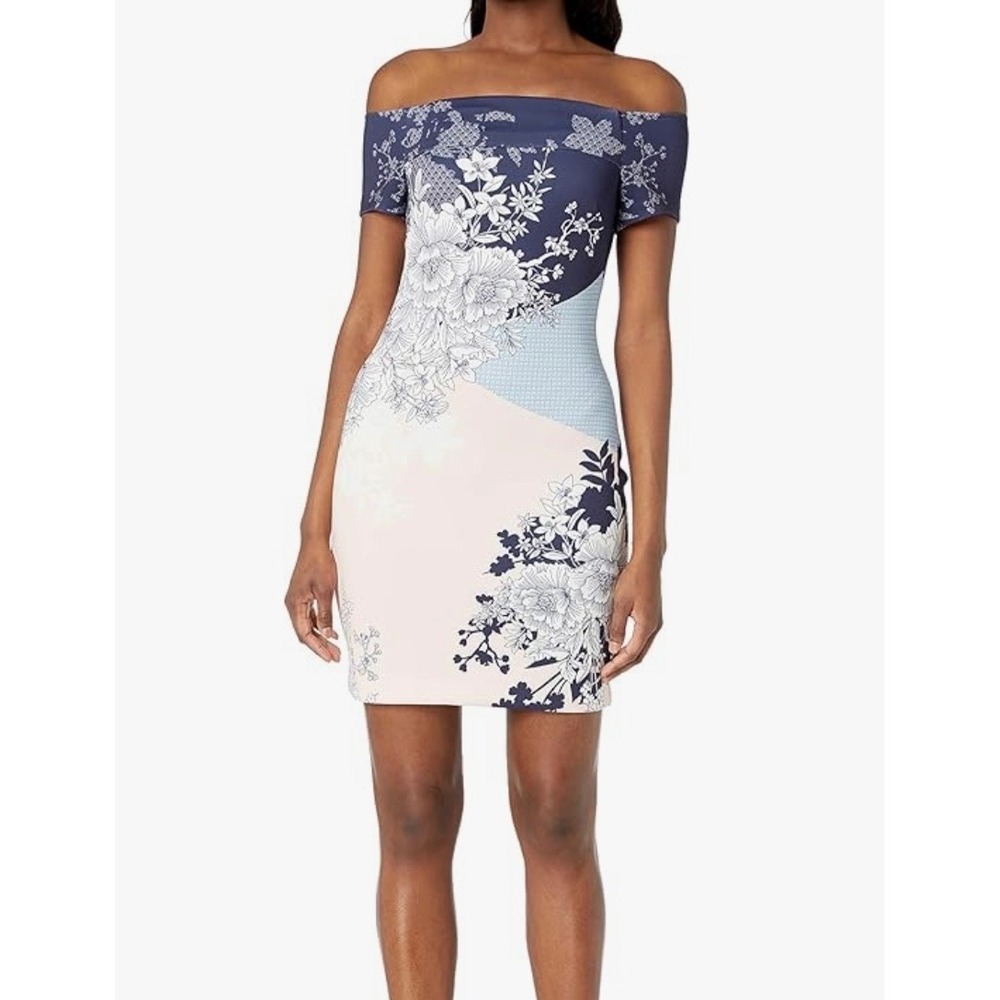Guess Multi-printed‎ Scuba Dress 8 Off-Shoulder Lined Stretch Floral Navy Peach